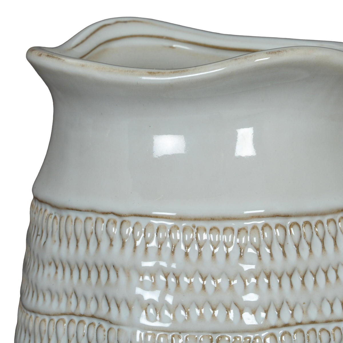 Close-up of the vase's undulating rim and glossy smooth upper band, meeting rows of small loop impressions with beige recesses.