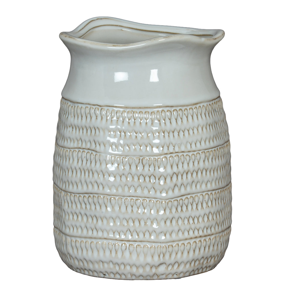 Full view of a glossy white vase with a wavy rim, pinched neck and rows of beige-accented loop impressions.