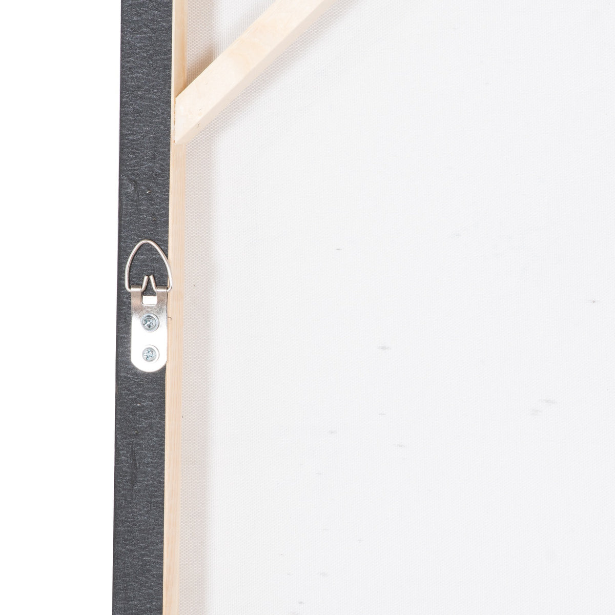 Rear detail of the canvas showing a silver-coloured fixing loop with two screws beside pale support rails and a white backing surface.