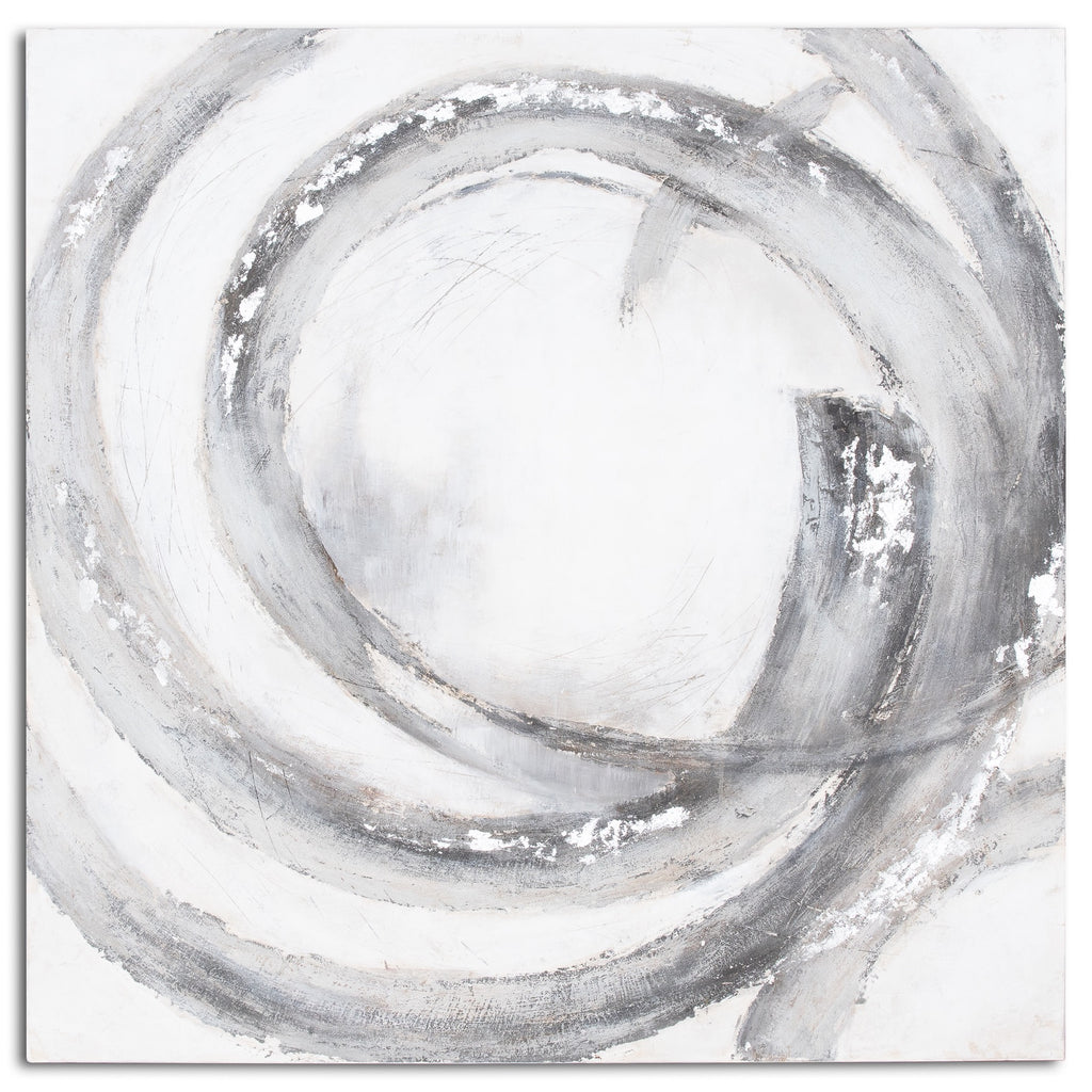 Front view of Looping Bands Wall Art, with overlapping grey curves, dark strokes and silver-toned patches around a pale centre.