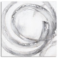 Front view of Looping Bands Wall Art, with overlapping grey curves, dark strokes and silver-toned patches around a pale centre.