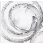 Front view of Looping Bands Wall Art, with overlapping grey curves, dark strokes and silver-toned patches around a pale centre.