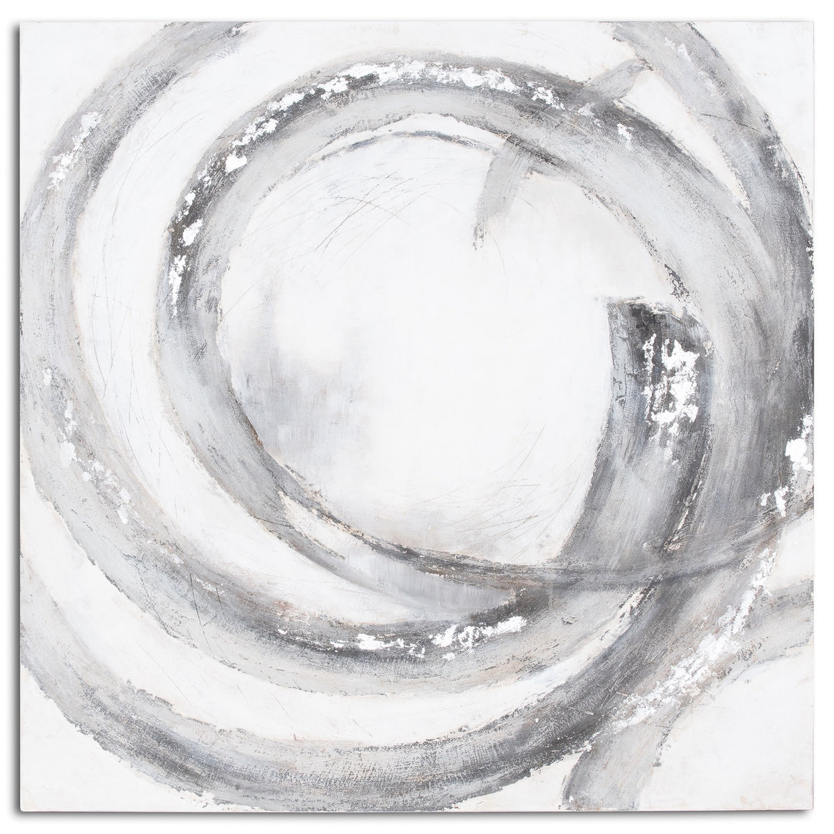 Front view of Looping Bands Wall Art, with overlapping grey curves, dark strokes and silver-toned patches around a pale centre.