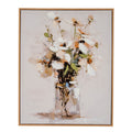Front view of a portrait floral artwork in a slim warm brown frame, showing pale cream and peach flowers, green leaves and loose stems in a jar against a pale background.