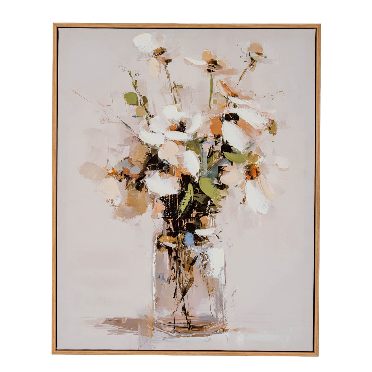 Front view of a portrait floral artwork in a slim warm brown frame, showing pale cream and peach flowers, green leaves and loose stems in a jar against a pale background.