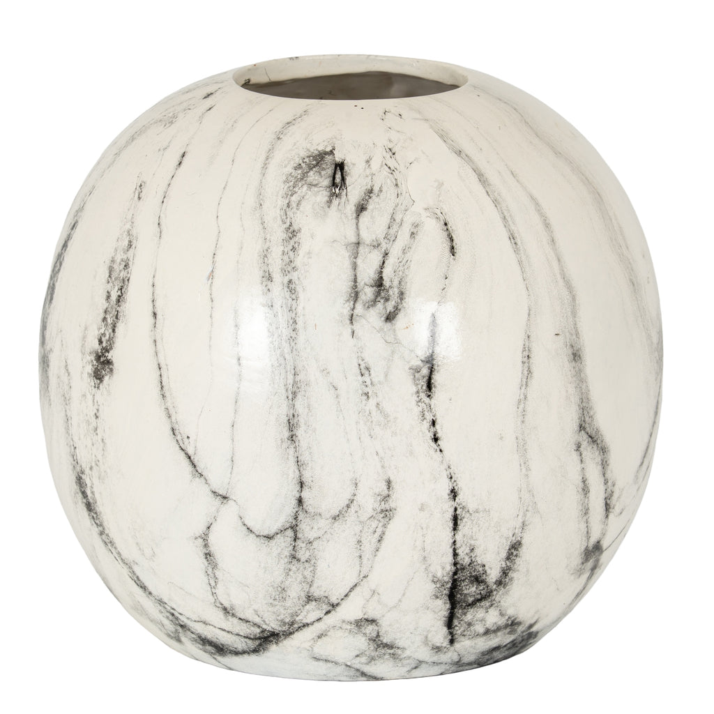 Loosemark Orb Vase with a rounded off-white body, sweeping grey and charcoal markings and a small circular opening.