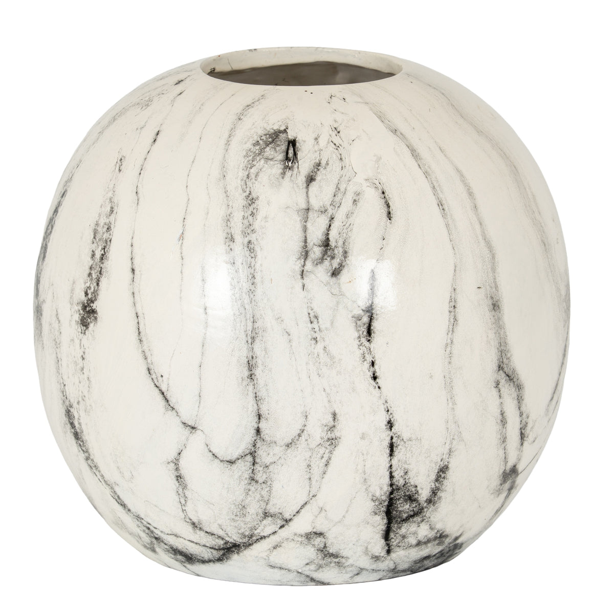 Loosemark Orb Vase with a rounded off-white body, sweeping grey and charcoal markings and a small circular opening.