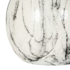 Detail of looping grey and charcoal marks across the vase's lower curved body, ending at its flat base.