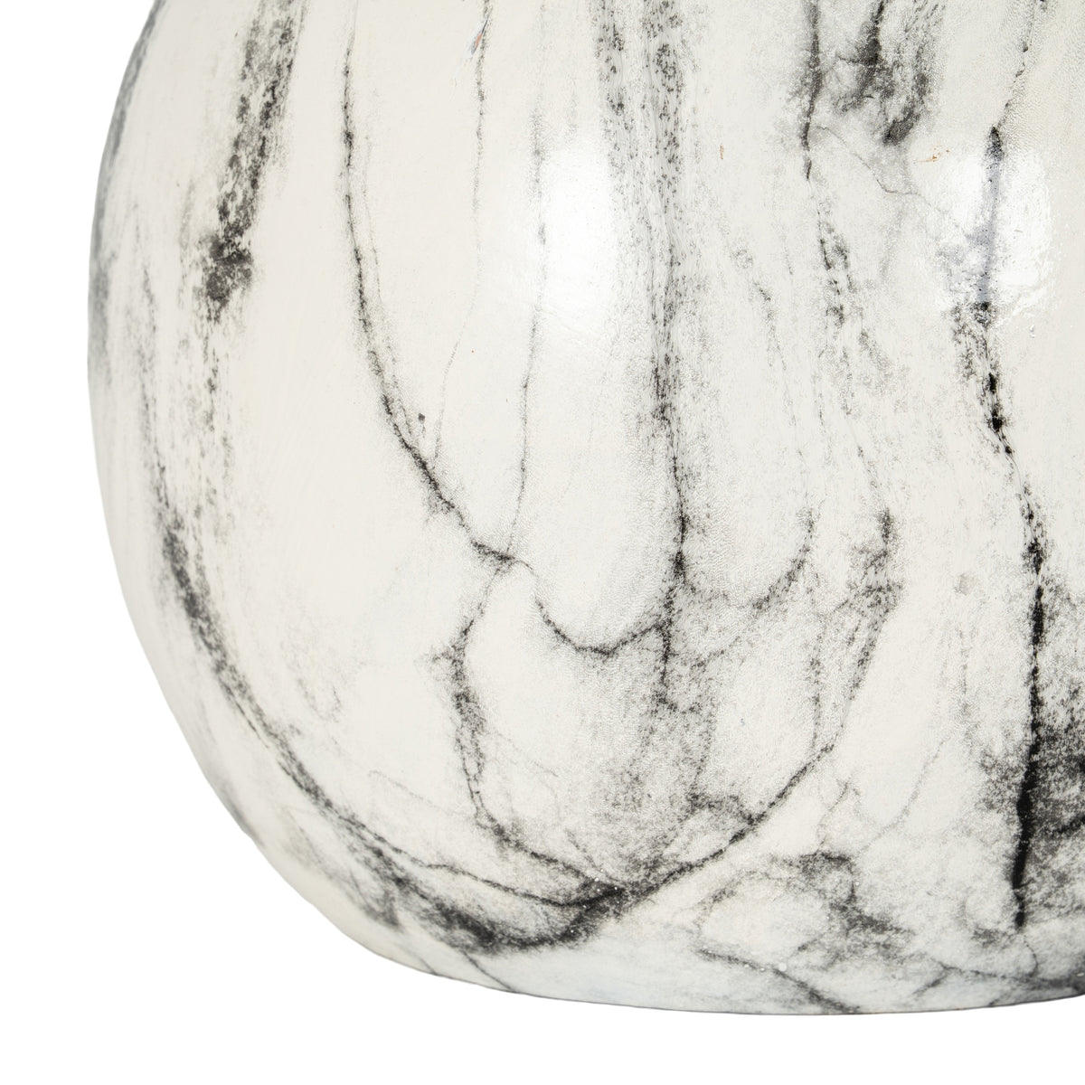 Detail of looping grey and charcoal marks across the vase's lower curved body, ending at its flat base.