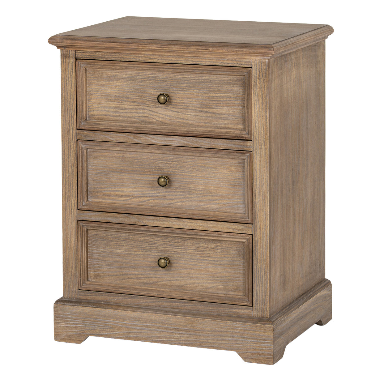 Three-quarter front view of the brown-toned Louvre & Frame chest, showing three framed drawer fronts, round pulls and a shaped plinth.