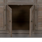 Two central louvred doors open to reveal an empty cabinet compartment with its back and bottom surface visible.