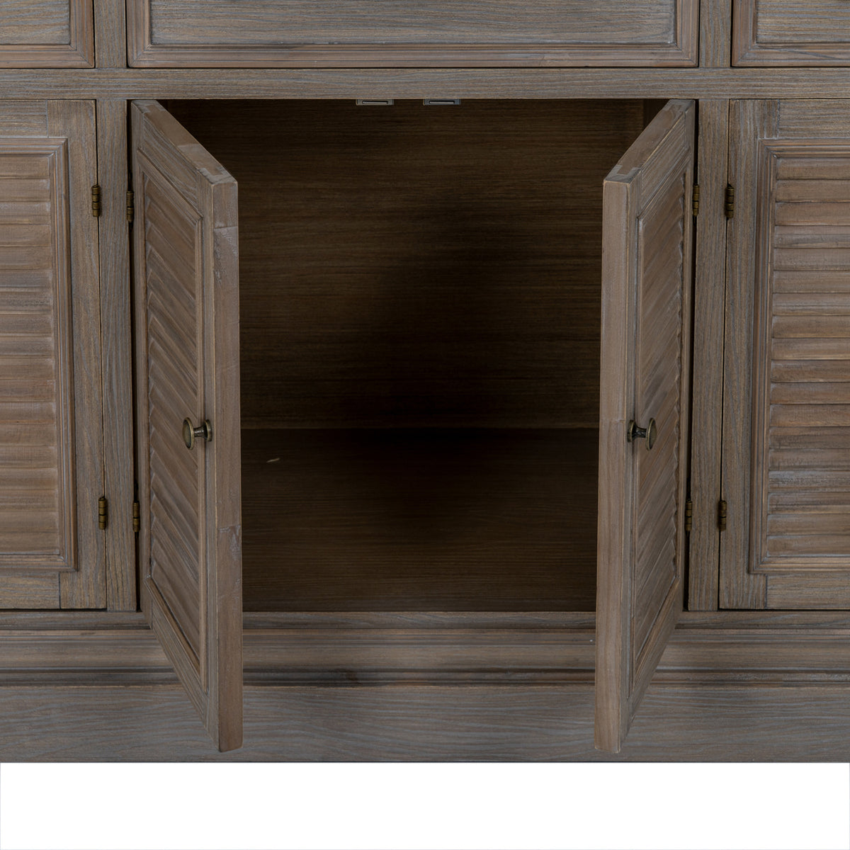 Two central louvred doors open to reveal an empty cabinet compartment with its back and bottom surface visible.