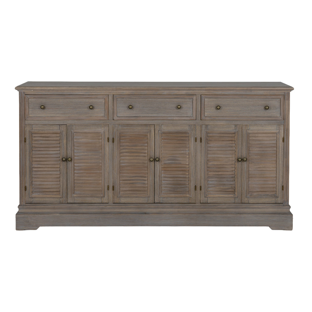 Straight-on view of the dresser base with all six louvred doors closed beneath three drawers, round knobs and a shaped plinth.