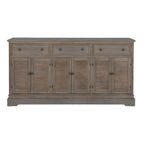 Straight-on view of the dresser base with all six louvred doors closed beneath three drawers, round knobs and a shaped plinth.