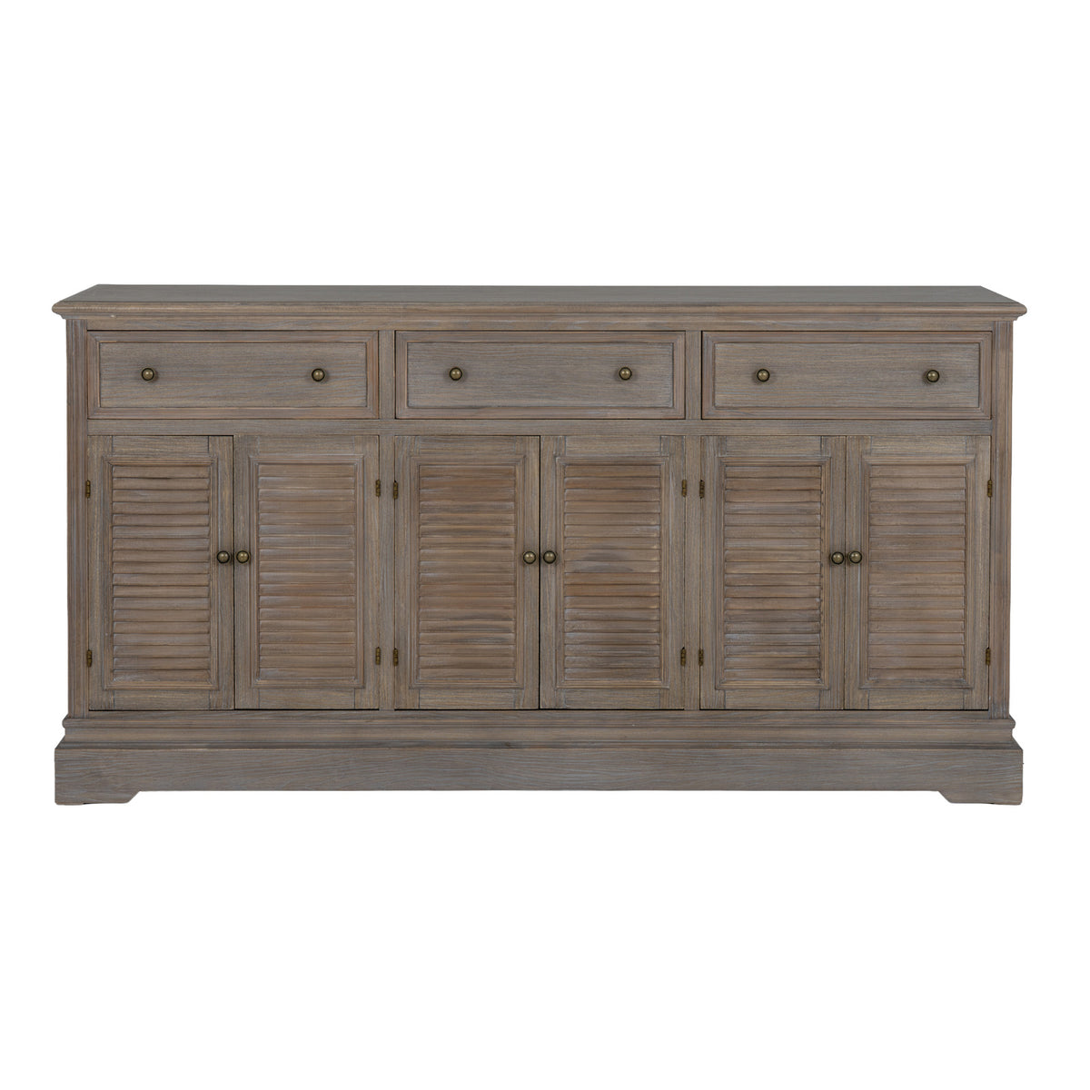 Straight-on view of the dresser base with all six louvred doors closed beneath three drawers, round knobs and a shaped plinth.