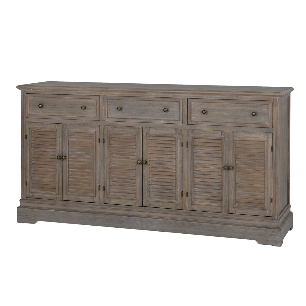 Angled view of the brown-toned dresser base showing three framed drawers, six louvred doors and the right side panel.