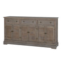 Angled view of the brown-toned dresser base showing three framed drawers, six louvred doors and the right side panel.