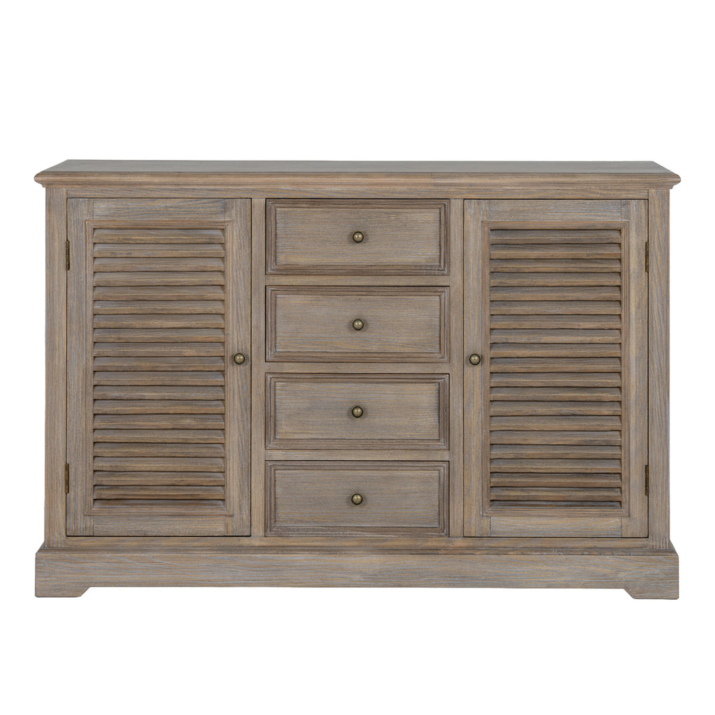 Front view of the dresser base showing the symmetrical doors and drawers, round knobs and shaped plinth feet.