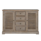Front view of the dresser base showing the symmetrical doors and drawers, round knobs and shaped plinth feet.