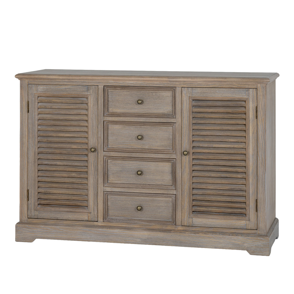Angled view of the pale brown dresser base with two louvred doors, four central drawers and a projecting top.