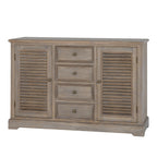 Angled view of the pale brown dresser base with two louvred doors, four central drawers and a projecting top.