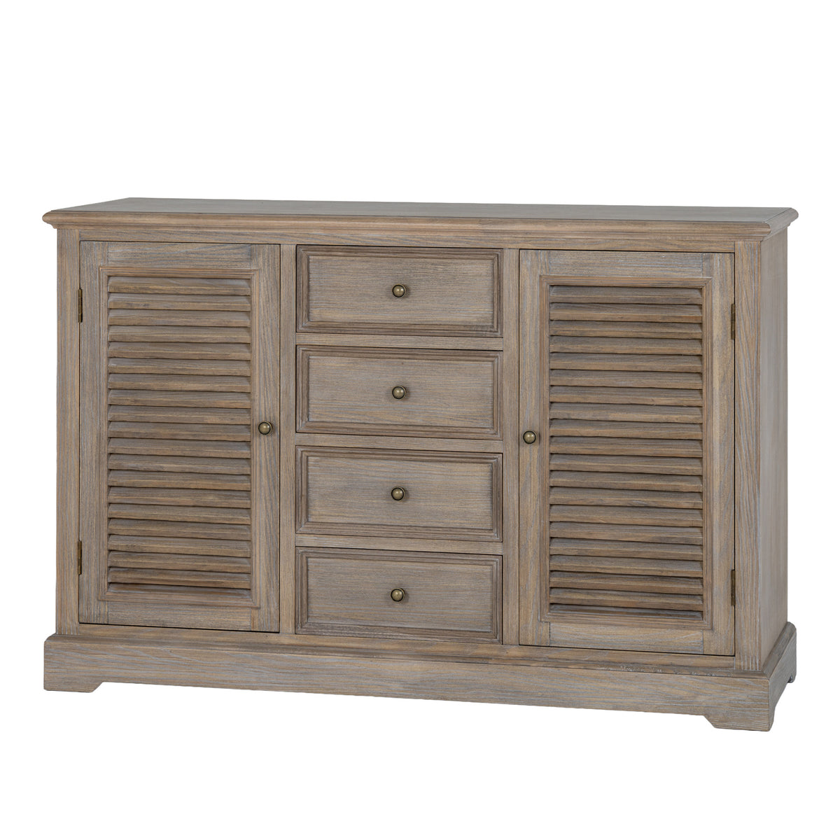 Angled view of the pale brown dresser base with two louvred doors, four central drawers and a projecting top.