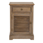 Front view of the cabinet with one upper drawer, round pulls and a louvred door hinged on the left.