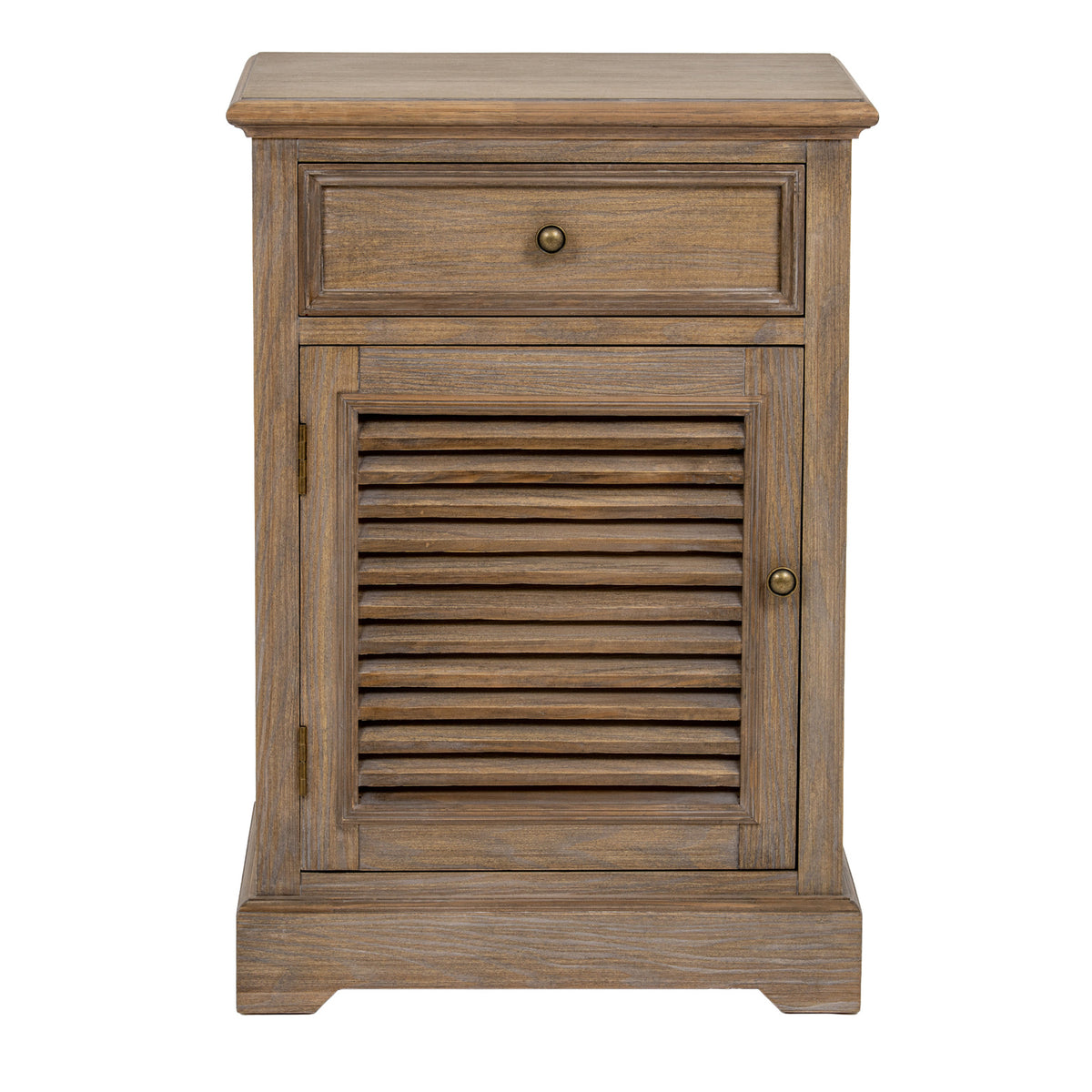 Front view of the cabinet with one upper drawer, round pulls and a louvred door hinged on the left.
