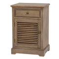 Brown wood-toned cabinet seen at an angle, showing the framed drawer, louvred door and plain right side.