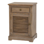 Brown wood-toned cabinet seen at an angle, showing the framed drawer, louvred door and plain right side.