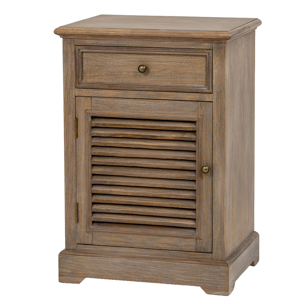 Brown wood-toned cabinet seen at an angle, showing the framed drawer, louvred door and plain right side.