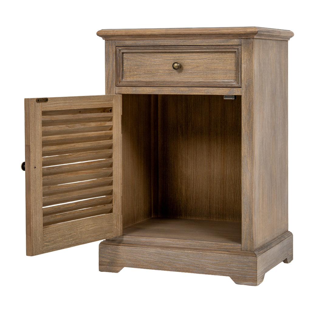 Cabinet with its left-hinged louvred door open, revealing an empty compartment below the closed drawer.