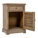 Cabinet with its right-hinged door open, revealing the empty brown wood-toned compartment below the closed drawer.
