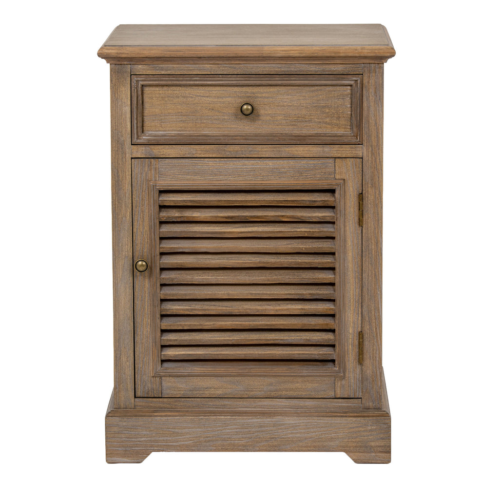 Front view of the cabinet with a framed drawer above the louvred door, dark round pulls and hinges along the right edge.