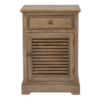 Front view of the cabinet with a framed drawer above the louvred door, dark round pulls and hinges along the right edge.