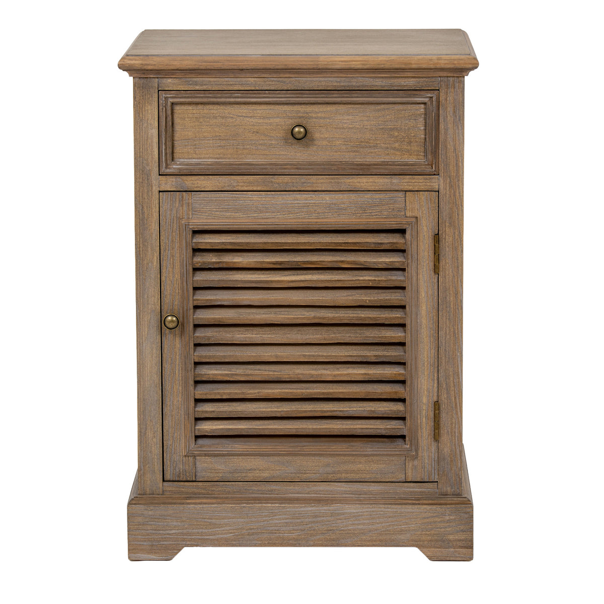 Front view of the cabinet with a framed drawer above the louvred door, dark round pulls and hinges along the right edge.