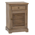 Three-quarter view of the brown wood-toned cabinet showing its left side, upper drawer and closed louvred door.
