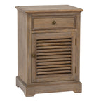 Three-quarter view of the brown wood-toned cabinet showing its left side, upper drawer and closed louvred door.