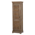 Tall brown-toned cabinet viewed at an angle, showing its closed louvred door, round dark pull and framed side.