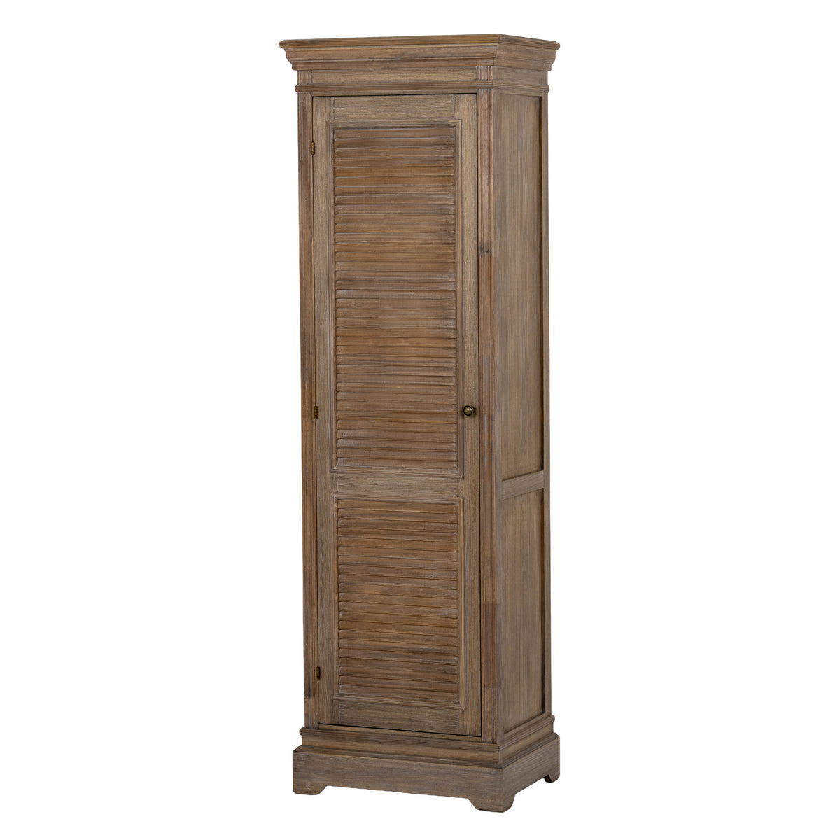Tall brown-toned cabinet viewed at an angle, showing its closed louvred door, round dark pull and framed side.
