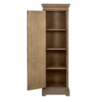 Front view of the cabinet with the door open to the left, revealing three shelves and an empty interior.