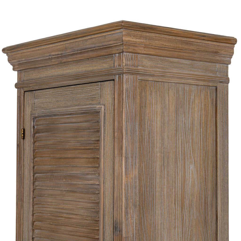 Close-up of the cabinet's shaped top, framed side and upper door louvres, showing brown tones and lighter surface markings.