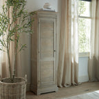 Louvred cabinet beside a window with pale curtains, styled with books and a pale vase on top and a leafy tree in a woven basket alongside.