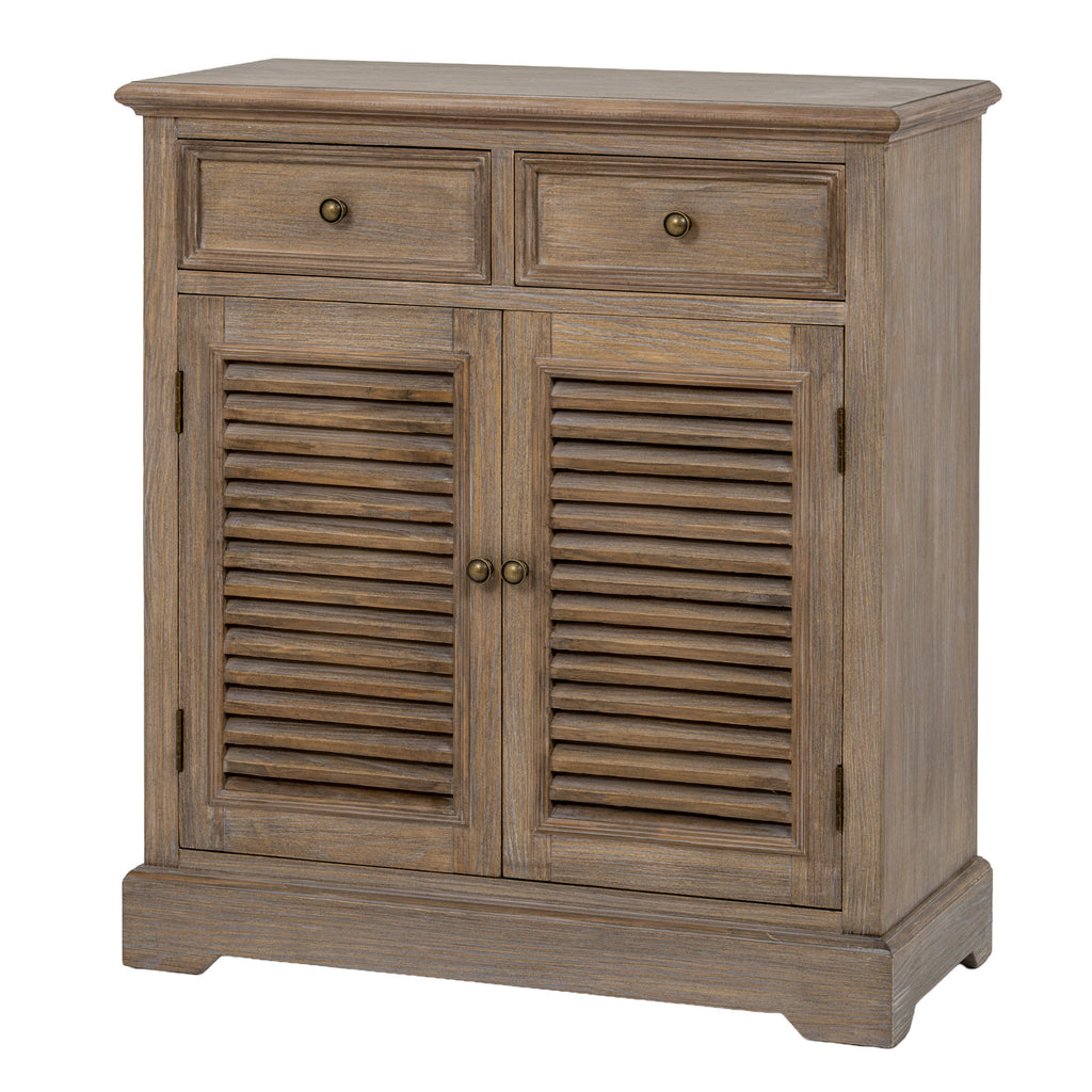 Brown grain-patterned storage cabinet viewed at an angle, with two upper drawers, louvred doors and round dark pulls.
