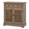 Brown grain-patterned storage cabinet viewed at an angle, with two upper drawers, louvred doors and round dark pulls.