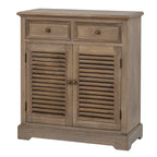Brown grain-patterned storage cabinet viewed at an angle, with two upper drawers, louvred doors and round dark pulls.