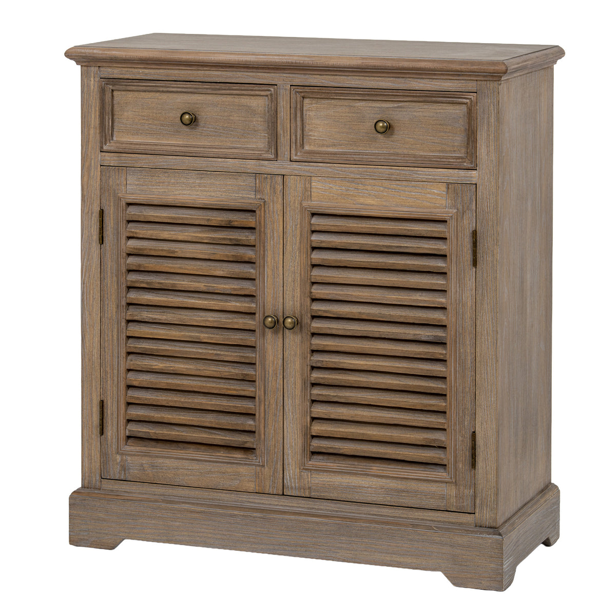 Brown grain-patterned storage cabinet viewed at an angle, with two upper drawers, louvred doors and round dark pulls.