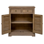 Front view of the cabinet with both louvred doors open, showing a dark wood-toned interior divided by one shelf.