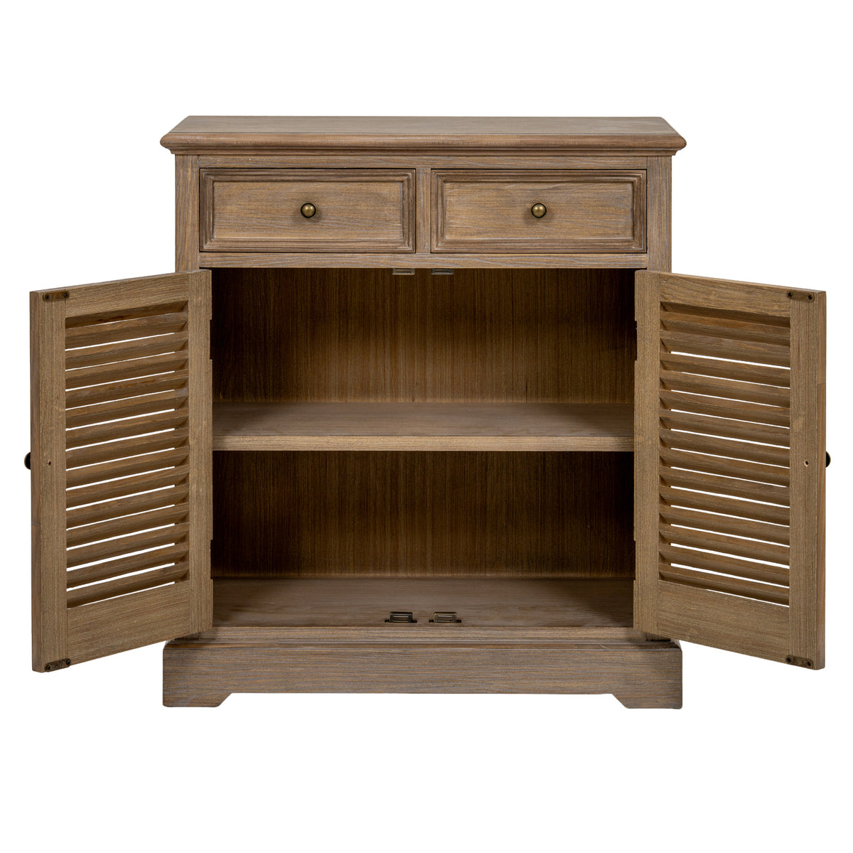 Front view of the cabinet with both louvred doors open, showing a dark wood-toned interior divided by one shelf.