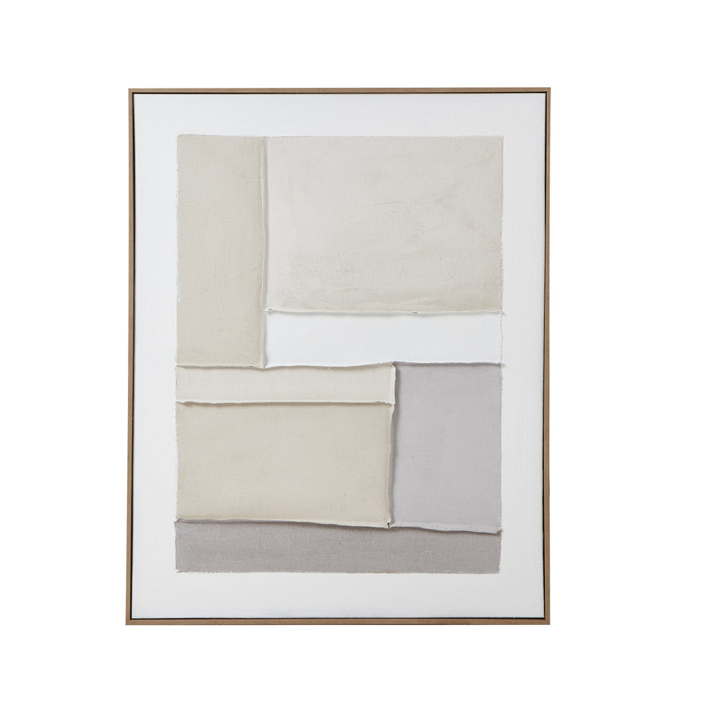 Front view of Low Greyband Framed Artwork, with overlapping cream, white and grey rectangles inside a narrow brown frame.
